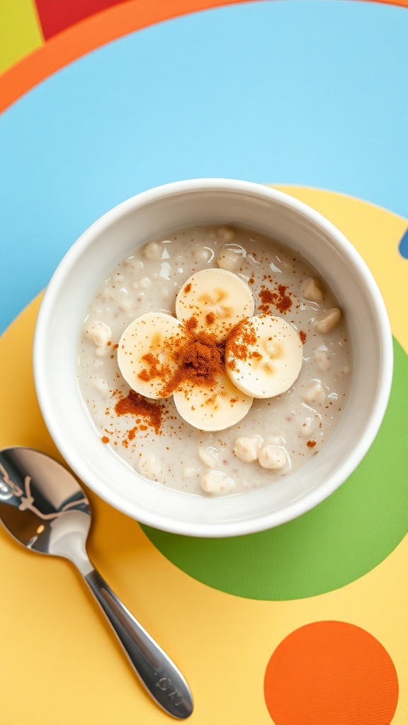 A bowl of baby oatmeal with banana and cinnamon on a colorful mat.